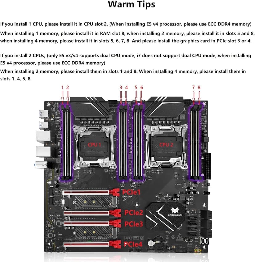 X99 Dual CPU Motherboard LGA 2011-3 Server Motherboard for Intel i7 5th/6th Gen Xeon E5 V3/V4 Series (E-ATX, 8*DDR4 ECC Max 256G, 2*NVME M.2, 2*Gb LAN, SATA 3.0, PCIe 3.0)