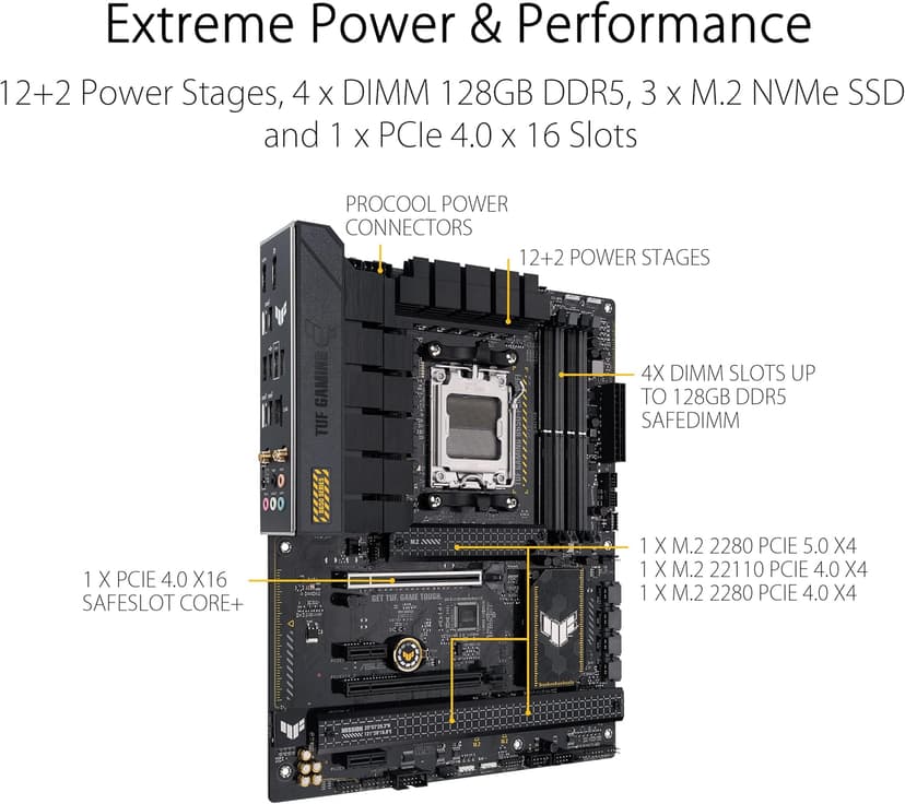 ASUS TUF GAMING B650-PLUS WIFI AMD B650 AM5 Ryzen™ Desktop 9000 8000 and 7000 ATX motherboard, 14 power stages, PCIe® 5.0 M.2 , DDR5 memory, WiFi 6 and 2.5 Gb Ethernet, USB4® support Aura Sync