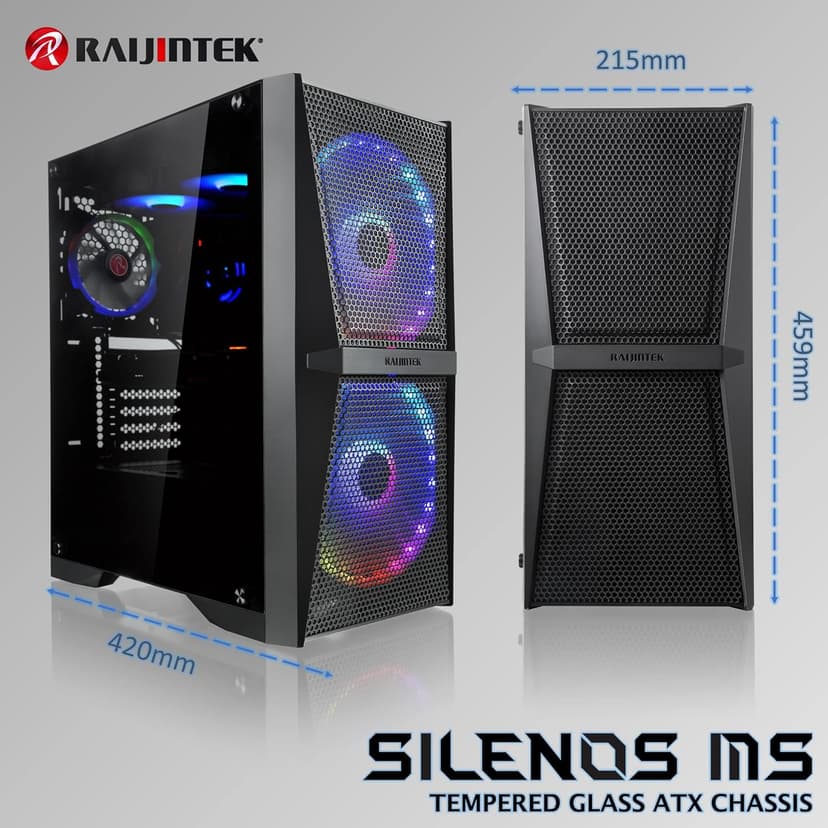 RAIJINTEK SILENOS MS PRO, PC Case ATX Tower with Mesh at Front and Tempered Glass (4.0mm) Side Panel, Comes with Pre-Installed 2pcs 200mm ARGB Fans at Front and 1pcs 120mm ARGB Fan at Rear.