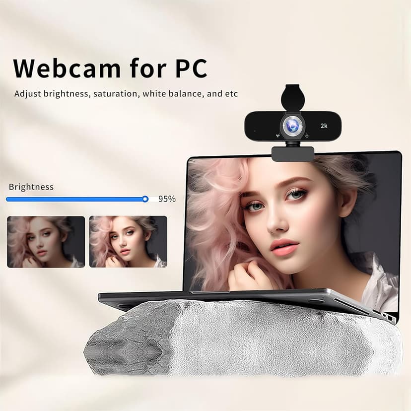 Webcam for PC, 2K Webcam with Noise-Canceling Mic, Tripod, Privacy Cover, 120°FOV, Auto Focus/Light Correction/Selfie Beauty, USB Web Camera for Streaming/Meeting/Video/Zoom/Broadcast/YouTube