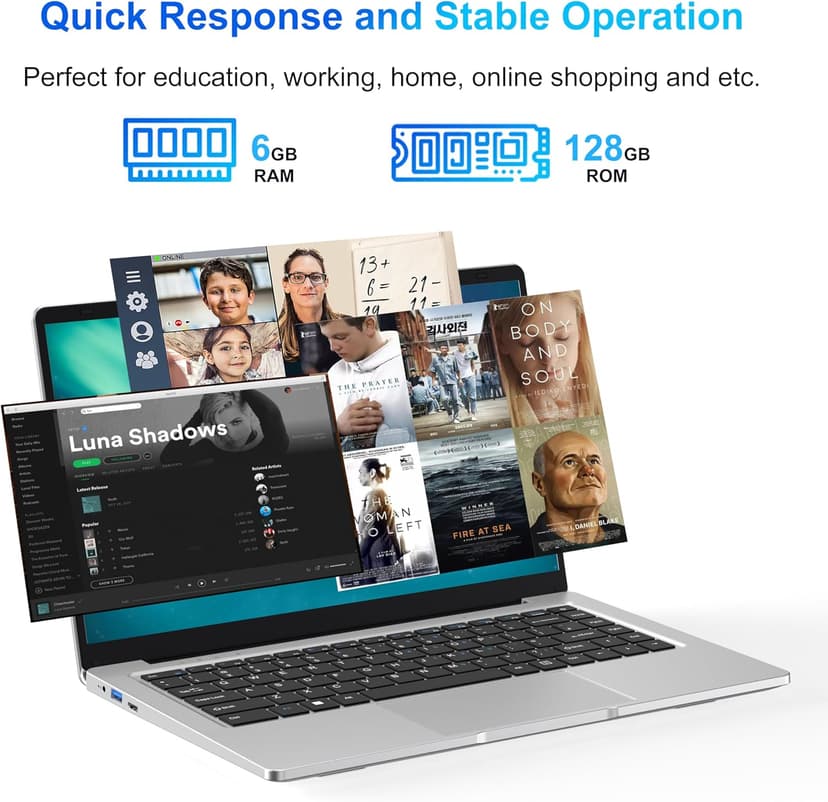 Laptop Computer, 14 inch Laptop Dual-Core Cerelon N4000 6GB RAM 128GB SSD Portable Laptop, 1366x768 IPS Display Fanless Design Laptop PC, WiFi 2.4/5G, BT 5.0, USB 3.0, Mini HDMI, Include USB-C Hub