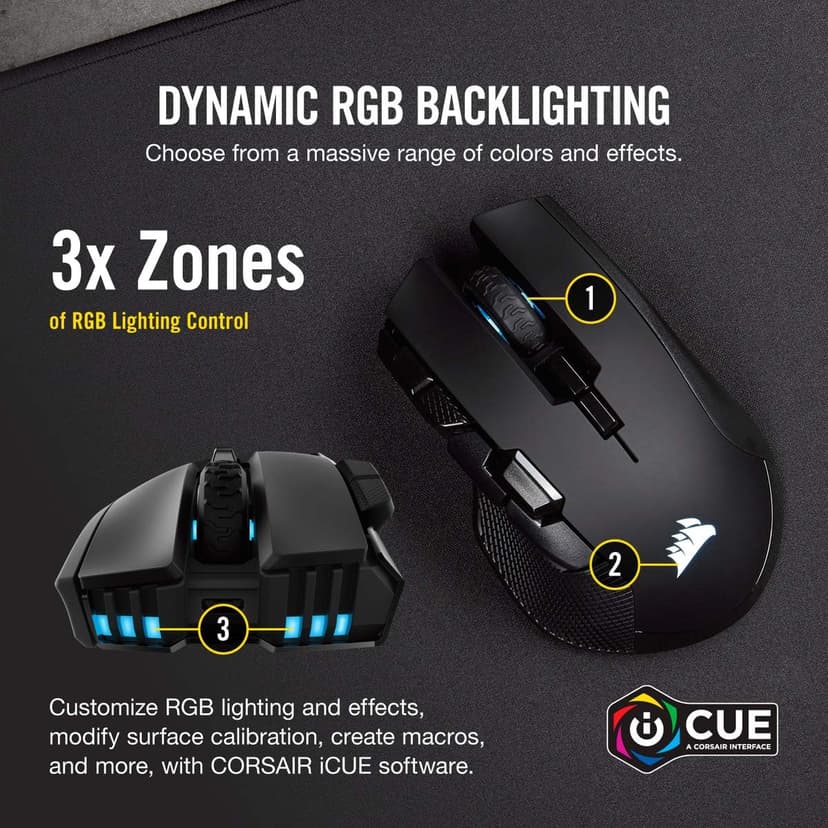 Corsair IRONCLAW WIRELESS RGB Rechargeable Gaming Mouse with Slipstream Technology - 18,000 DPI - 3-Zone RGB Multi-Color Backlighting - Black