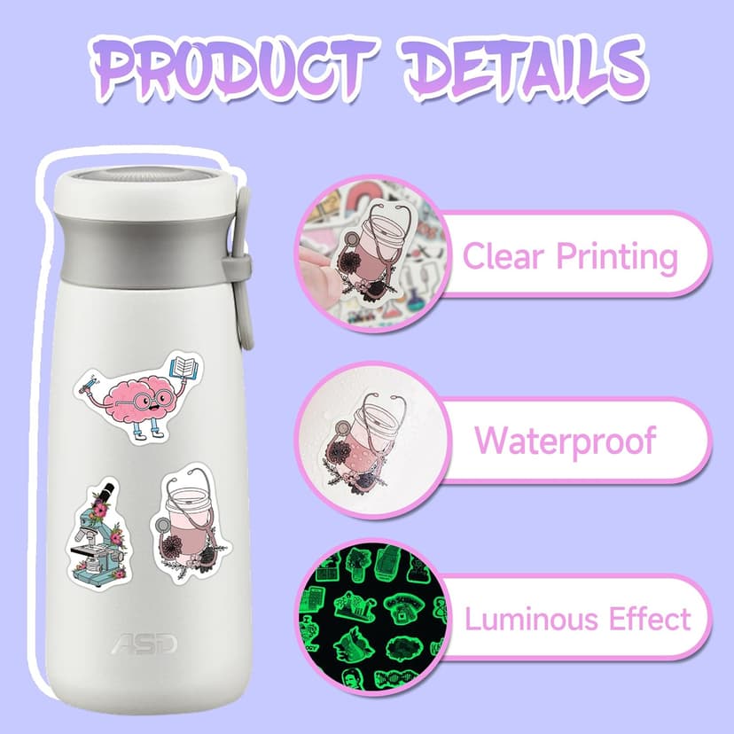 100Pcs Glow in The Dark Funny Natural Science Lab Stickers for Water Bottle, Physics Chemistry Biology Lab Vinyl Laptop Decals, Adults Teachers Students Waterproof Phone Case Skateboard Luggage Decor
