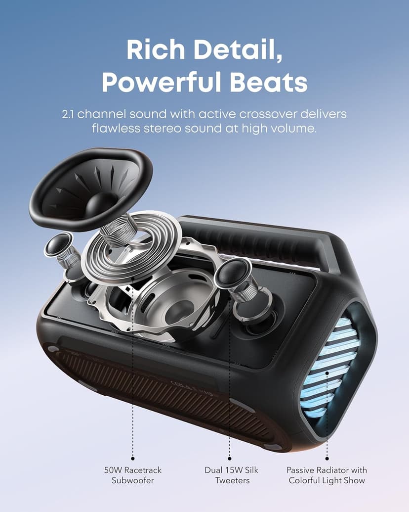 soundcore Boom 2 By Anker, Outdoor Speaker, 80W, Subwoofer, BassUp 2.0, 24H Playtime, IPX7 Waterproof, Floatable, RGB Lights, USB-C, Custom EQ, Bluetooth 5.3, Portable for Camping, Beach, and Backyard