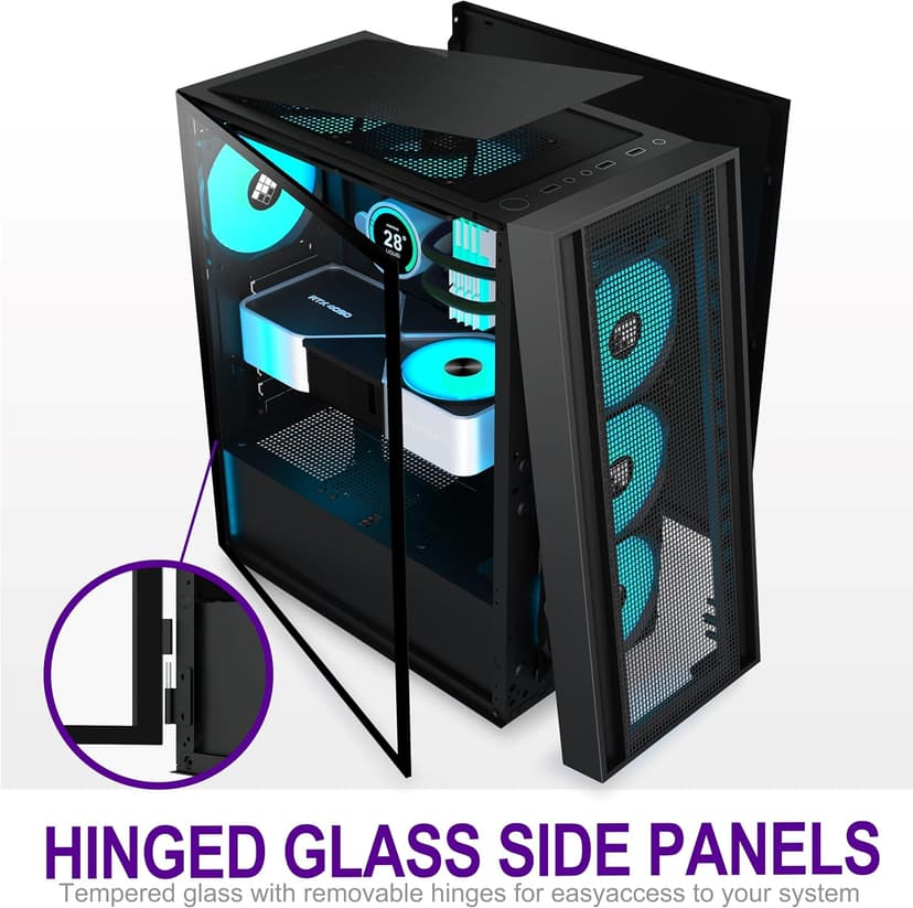 K11 PC Case - Pre-Installed with 4 PWM ARGB Fans, ATX Mid-Tower Gaming Case, Hinged Tempered Glass, Black, FOIFKIN (Black, K11)