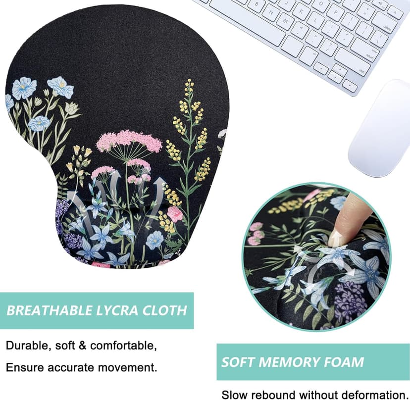 Mouse Pad with Wrist Support, Ergonomic Mouse Pads with Memory Foam Wrist Rest, Easy Typing Pain Relief, Comfortable Home Office Computer Wrist Support Pads for Working Studying Gaming, Flowers-01