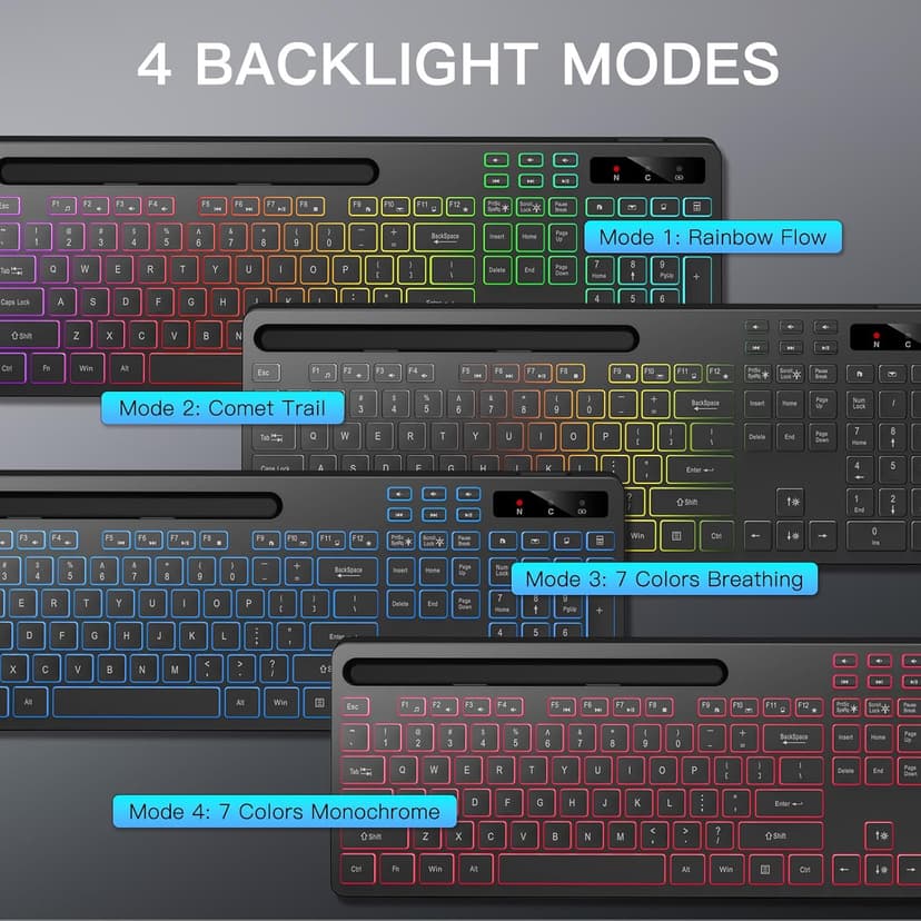 Wireless Keyboard with 7-Color RGB Backlit, Full-Size Computer Keyboard with Phone Tablet Holder, 2.4G Rechargeable Gaming Keyboard with Light Up Keys, Compatible with Mac, Windows (Black)