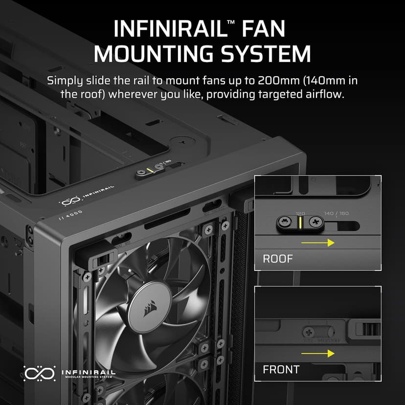 CORSAIR 4000D RS Frame Modular High Airflow Mid-Tower PC Case – 3X CORSAIR RS Fans – InfiniRail Fan Mounting System – Fits Multiple 360mm Radiators – Reverse Connector Motherboard Compatible – Black