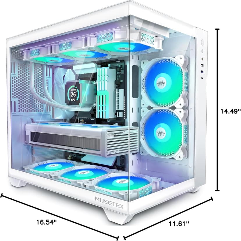 MUSETEX ATX PC Case, 6 PWM ARGB Fans Pre-Installed, 360MM RAD Support, Type-C Gaming PC Case, 270° Full View Tempered Glass Mid Tower, Pure White ATX Computer Case,Y6