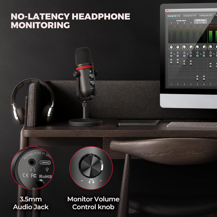 USB Microphone, Computer Condenser Gaming Mic for PC/Laptop/PS4/5, Headphone Output, Volume Control, USB Type C Plug and Play, LED Mute Button, for Streaming, Podcast, Studio Recording