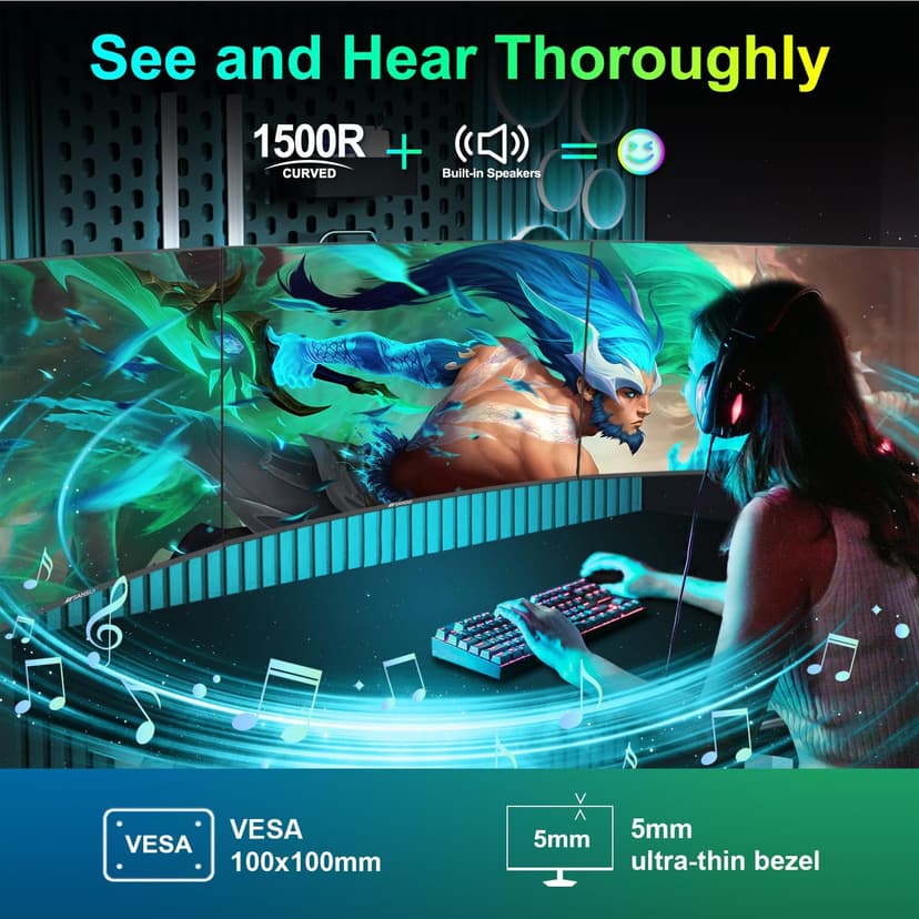SANSUI Curved Monitor 27 inch 100Hz USB Type-C Computer Monitor with Speakers Built in丨FHD 1080p丨HDR丨110% sRGB丨1500R丨VESA Compatible,for Tablet,Desktop,Laptop and PC Work Gaming (ES-27C1)