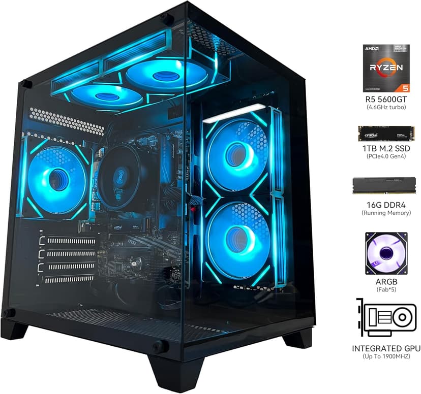 Gaming PC Desktop Computer AMD Ryzen 5 5600GT,16GB DDR4 3200MHz,1TB M.2 NVMe PCle4.0 Gen4,550W 80PLUS PSU,WiFi,Game Design Office Console,Sea View Room, Towers Prebuilt PC (Black)
