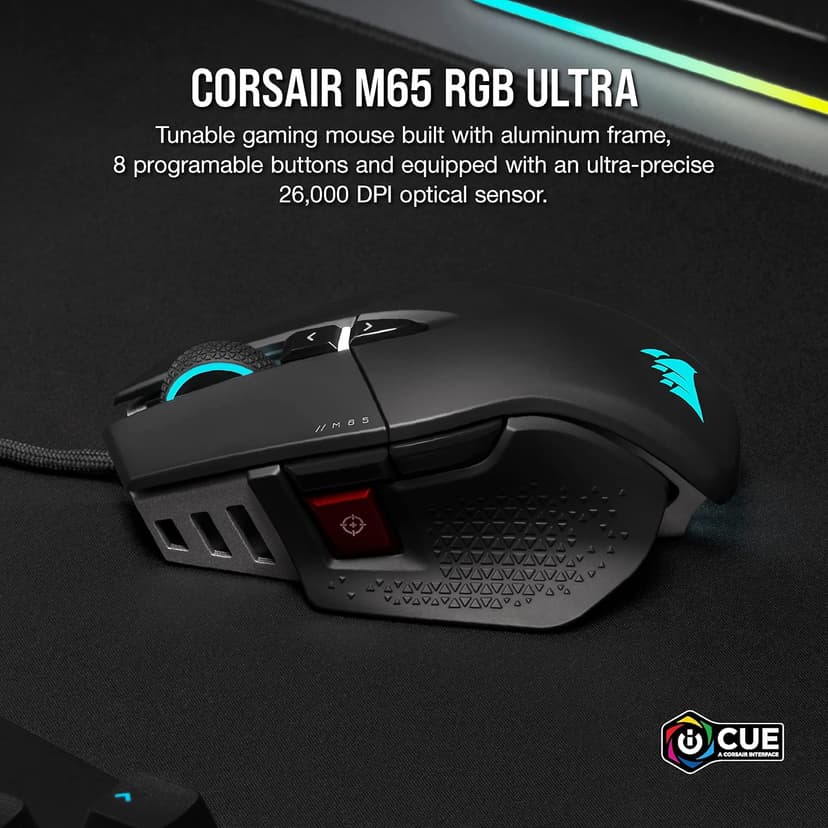 Corsair M65 RGB Ultra Tunable FPS Gaming Mouse Marksman 26,000 DPI Optical Sensor, Optical Switches, AXON Hyper-Processing Technology, Sensor Fusion Control, Tunable Weight System - Black