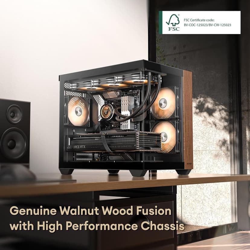Genuine Walnut Wood PC Case, Pre-Installed 4 x 120mm ARGB & PWM Fans, Type-C Port, Panoramic View Tempered Glass Side Panel, Black, ATX Case, Mid-Tower, Mirage 6