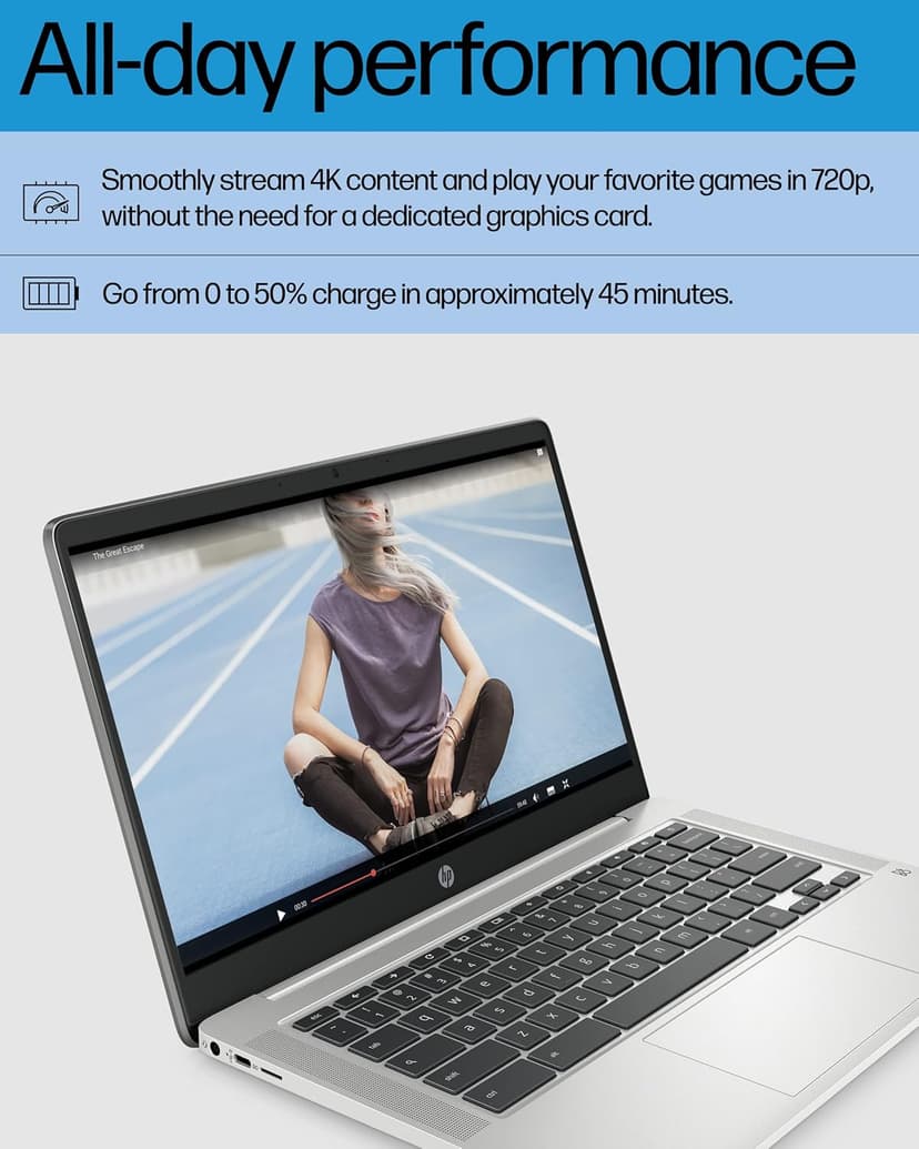 HP Chromebook 14 Laptop, Intel Celeron N4120, 4 GB RAM, 64 GB eMMC, 14" HD Display, Chrome OS, Thin Design, 4K Graphics, Long Battery Life, Ash Gray Keyboard (14a-na0226nr, 2022, Mineral Silver)
