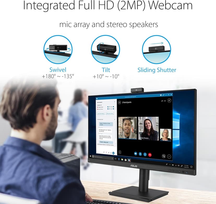 ASUS 27” 1080P Video Conferencing Monitor (BE279QFK) - Full HD, IPS, 100Hz, Frameless, Built-in Webcam, Mic Array, Speaker, Height Adjustable, Ergonomic Design, Eye Care, Wall Mountable, 3 yr warranty