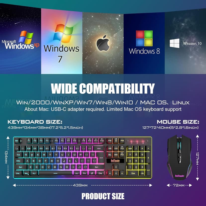 RedThunder K10 Wireless Gaming Keyboard and Mouse Combo, LED Backlit Rechargeable 3800mAh Battery, Mechanical Feel Anti-ghosting Keyboard + 7D 3200DPI Mice for PC Gamer (Black)
