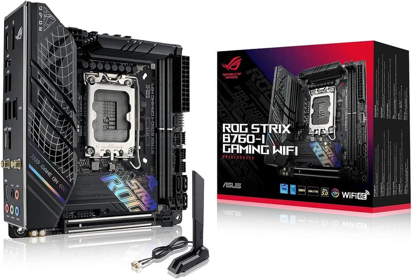 ASUS ROG Strix B760-I Gaming WiFi 6E Intel® B760(13th and 12th Gen)LGA 1700 mini-ITX motherboard,8 + 1 power stages,DDR5 up to 7600 MT/s, PCIe 5.0,2xM.2 slots,USB 3.2 Gen 2x2 Type-C,Aura Sync RGB