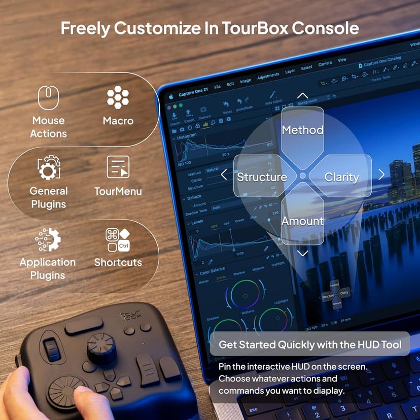 TourBox Elite - Bluetooth Controller for Video Photo Editing Color Grading, Davinci Resolve Speed Editor, MacOS/Windows, Lightroom Photoshop Premiere Final Cut Pro Programmable Keyboard