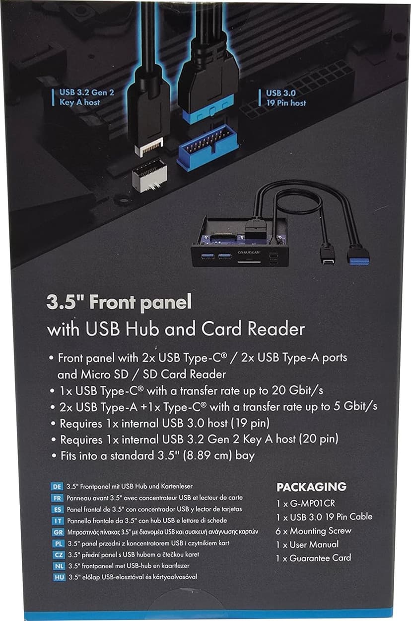 GRAUGEAR 3.5 Inch Front Panel USB C Hub, SD/microSD Internal Card Reader, 20Gbps USB 3.2 Gen 2x2, USB3.2 Type-E Key-A 20-Pin Header & USB3.0 Header & 15-Pin SATA Power Connector Required [G-MP01CR]