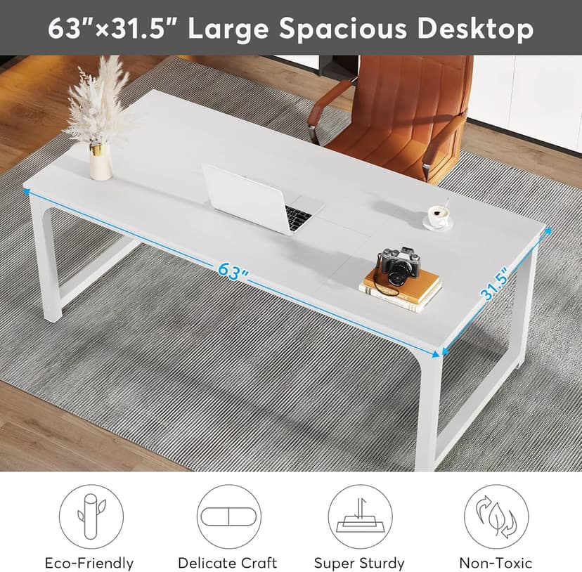 Tribesigns Modern Computer Desk, 63 x 31.5 inch Large Executive Office Desk Computer Table Study Writing Desk Workstation for Home Office, Spliced Desktop, White