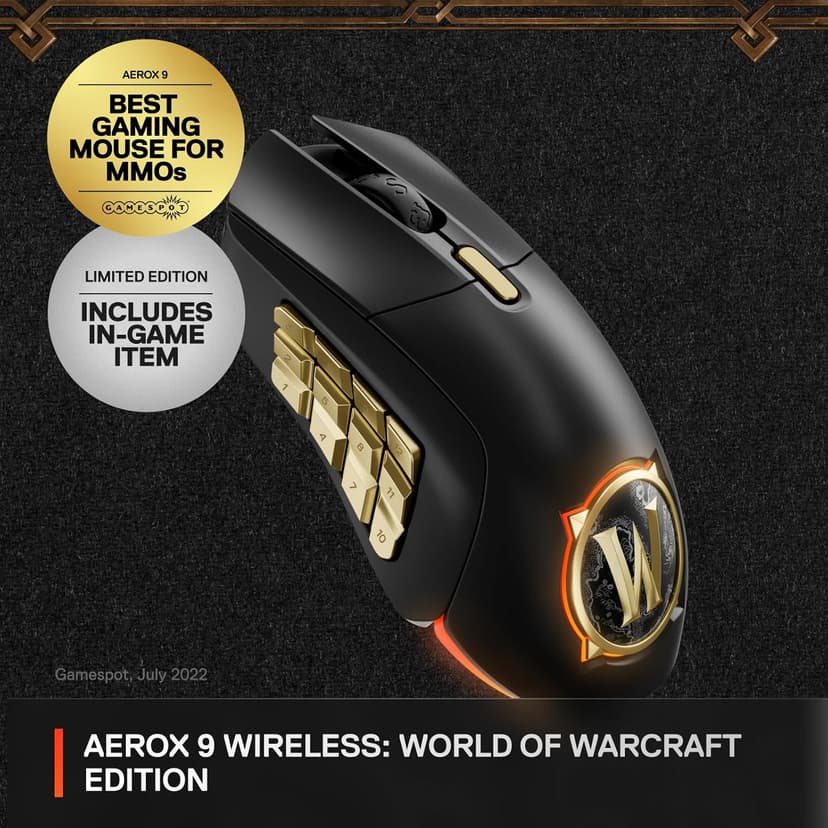 SteelSeries Aerox 9 Wireless: World of Warcraft Edition — Free in-Game Item — MMO Gaming Mouse — 18 Programmable Buttons — Lightweight — Bluetooth/2.4GHz — 18K DPI TrueMove Air Sensor