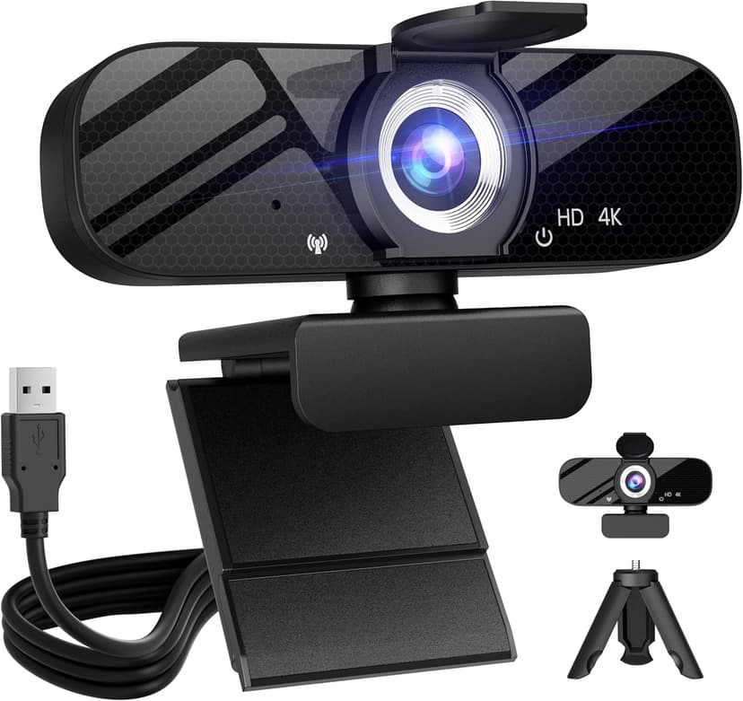 Full HD Webcam with Built-in Microphone and Rotatable Tripod, 4K Video and Wide Angle Camera, Privacy Cover, for Desktop PC or Laptop Computer