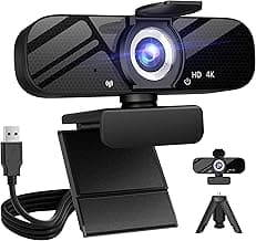 Full HD Webcam with Built-in Microphone and Rotatable Tripod, 4K Video and Wide Angle Camera, Privacy Cover, for Desktop PC or Laptop Computer