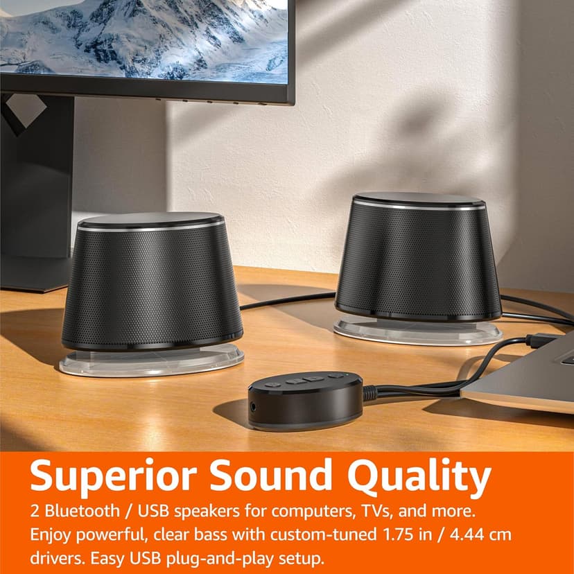 Amazon Basics Bluetooth and USB Computer Speakers with Blue Lighting, Large, Black