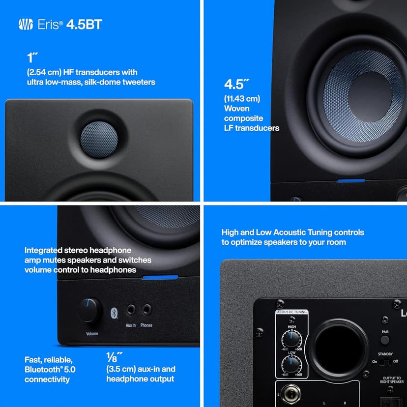 PreSonus Eris 4.5BT Bluetooth Studio Monitors, Pair — 4.5" Inch Powered Bookshelf Speakers, Stereo, Desktop Computer, Near Field Music Production, Audio Mixing Recording