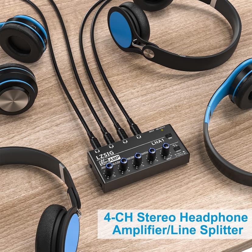 LZSIG Headphone Amplifier 4 Channel Metal Stereo Audio Amplifier, Mini Earphone Splitter with Power Adapter, 1/4" & 1/8" TRS Headphones Output and TRS Audio Input, DC 12V