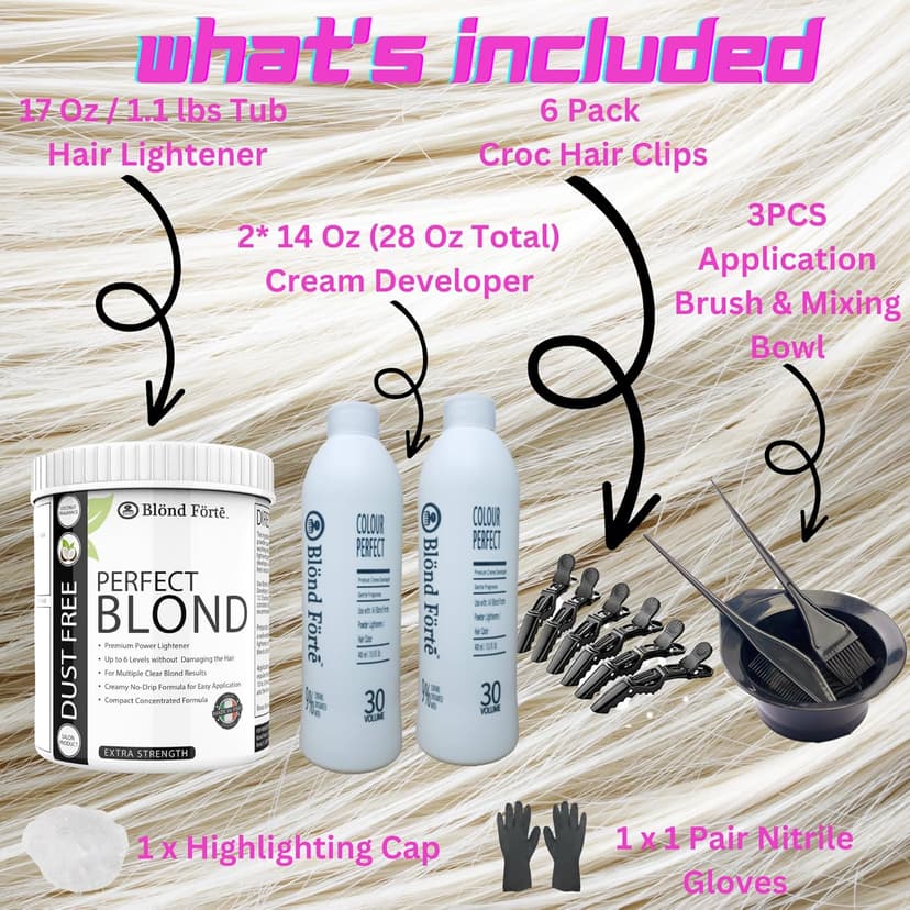 Perfect Blond 17 Oz/1.1 lbs Hair Toner Dye Lightener Bleaching Powder Kit + 30 Vol Developer Bundle 5 pcs (Blue Lightening Powder)