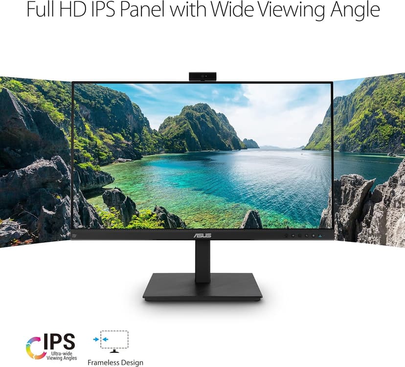 ASUS 27” 1080P Video Conference Monitor (BE279QSK) - Full HD, IPS, Built-in Adjustable 2MP Webcam, Mic Array, Speakers, Eye Care, Wall Mountable, Frameless, HDMI, DisplayPort, VGA, Height Adjustable