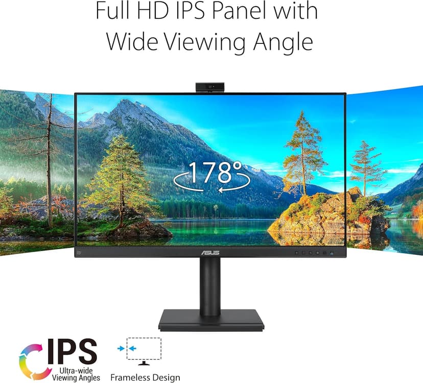 ASUS 27” 1080P Video Conferencing Monitor (BE279QFK) - Full HD, IPS, 100Hz, Frameless, Built-in Webcam, Mic Array, Speaker, Height Adjustable, Ergonomic Design, Eye Care, Wall Mountable, 3 yr warranty
