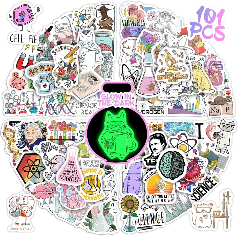 100Pcs Glow in The Dark Funny Natural Science Lab Stickers for Water Bottle, Physics Chemistry Biology Lab Vinyl Laptop Decals, Adults Teachers Students Waterproof Phone Case Skateboard Luggage Decor