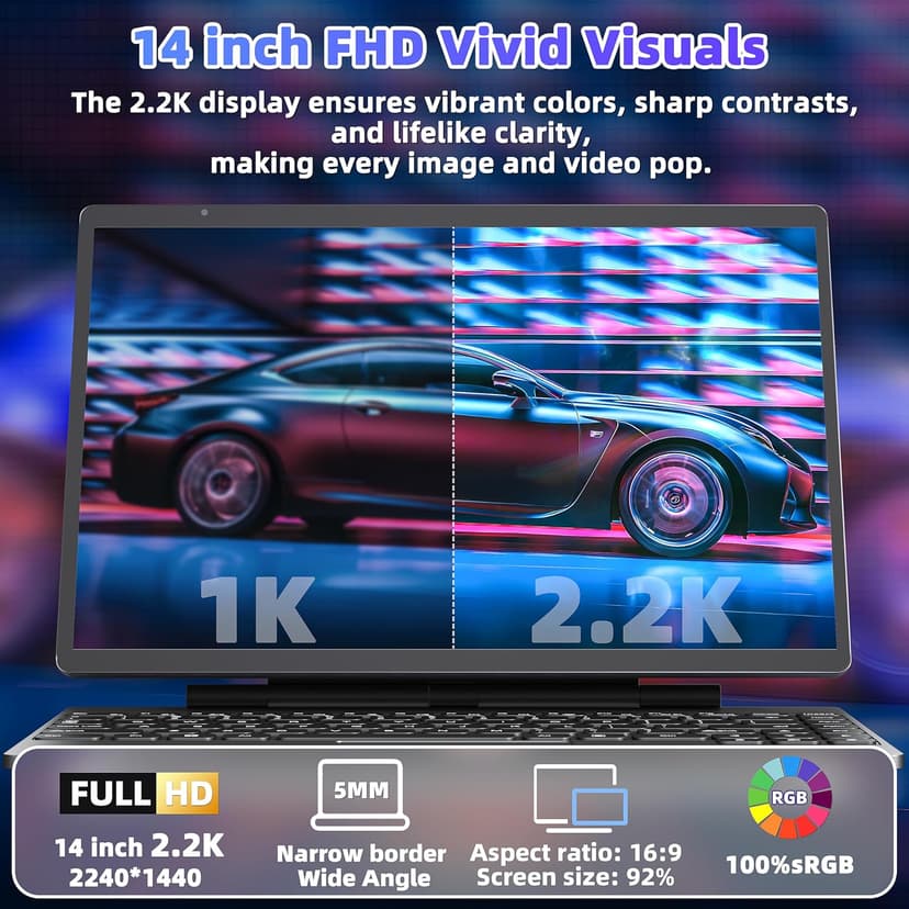 【Win 11 Pro/Office 2019】2-in-1 Convertible Laptop, 14" 2.2K Touchscreen, Detachable Magnetic Keyboard, 12th Gen Alder Lake-N95, 16GB DDR5 RAM, 512GB/1TB SSD, HD Camera, Cooling Fan, Type-C (512G SSD)
