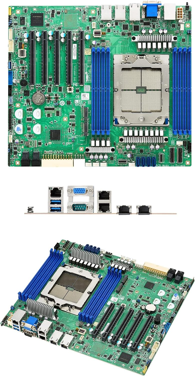 S8050GM4NE-2T Server Motherboard, 1 SP5 Socket for AMD EPYC 9004 CPU up to 400W TDP, 12"x10.5" Dimensions, 8 DDR5-4800 DIMM Slots, Up to 12 SATA Ports, 5 PCIe 5.0 x16 Slots