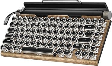 Retro Typewriter Wireless Mechanical Gaming Keyboard, Bluetooth 5.0 Office Computer Vintage Keyboards 83-Key Blue Switches Punk Round Keycap, LED Backlight, Compatible with PC/Laptop/Pad/Phone, Wood
