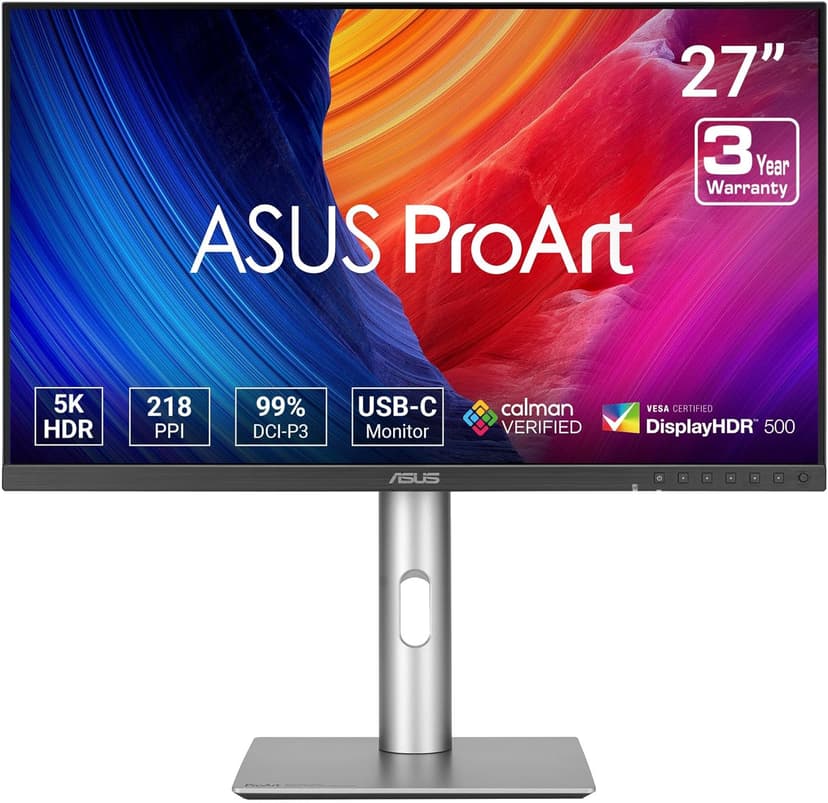 ASUS ProArt Display 27” 5K HDR Professional Monitor (PA27JCV) - 5K (5120 x 2880), IPS, 99% DCI-P3, 100% sRGB, ΔE < 2, USB-C PD 96W, Calman Verified, Color Accurate, Auto KVM, LuxPixel, 3 yr Warranty