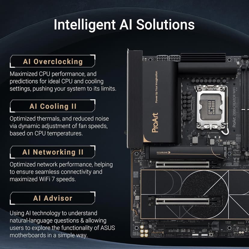 ASUS ProArt Z890-CREATOR WIFI Z890 LGA 1851 ATX Motherboard, Intel® Core™ Ultra Processor Series 2 Ready, 16+2+1+2 stages, PCIe® 5.0, DDR5, Thunderbolt™ 5 Type-C®, 10+2.5 Gb LAN, WiFi 7, 5x M.2, AI OC