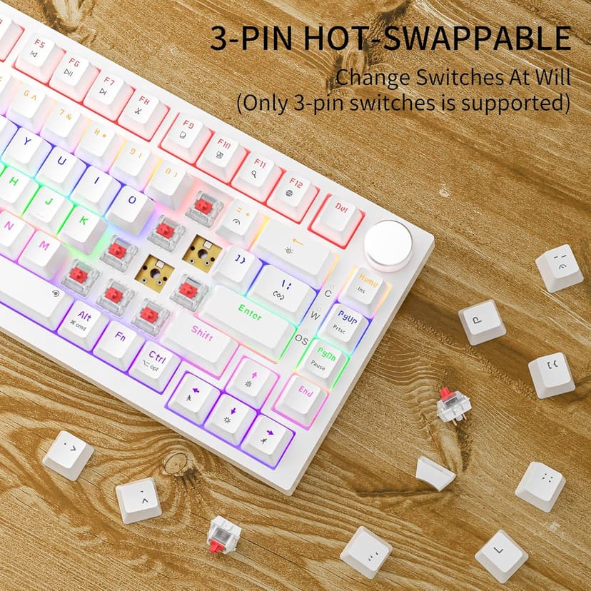 Newmen GM326 75% Percent Mechanical Keyboard,Wired Mini Backlit Hot Swappable Gaming Mechanical Keyboard with Knob,82 Keys Anti-Ghosting Compact White Gaming Keyboards for PC Win Mac,Red Switch