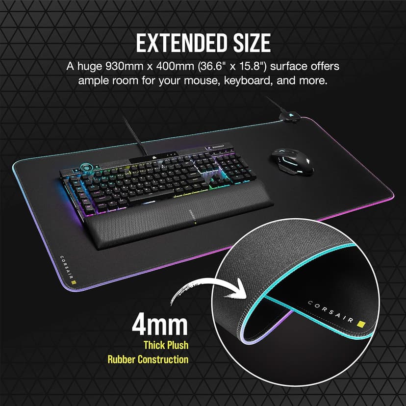 CORSAIR MM700 RGB Extended Cloth Gaming Mouse Pad - 36.6" x 15.8" - 360° RGB Lighting - Two USB Port Hub - Thick Rubber - Black