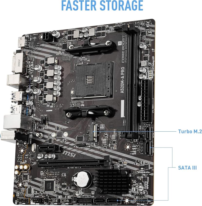 MSI A520M-A PRO Gaming Motherboard (AMD Ryzen 5000, AM4, DDR4, PCIe 3.0, SATA 6Gb/s, M.2, USB 3.2 Gen 1, DVI/HDMI, Micro-ATX)