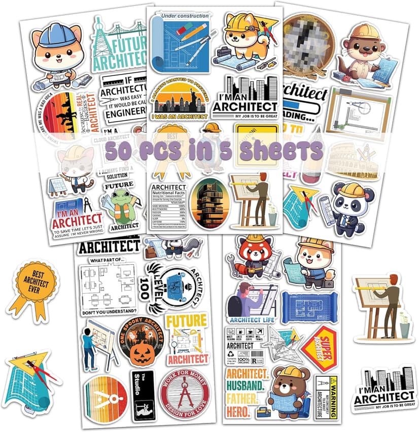 50 PCS Architect Pack Stickers Work Funny Vinyl Decals Waterproof for Adults Men Women Decor Laptop Computer Notebook Phone Cases Map Architecture Graphics Labels Art Jobs