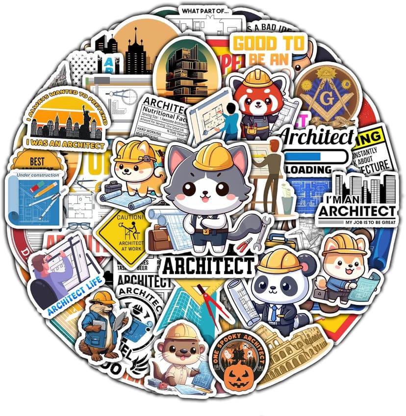 50 PCS Architect Pack Stickers Work Funny Vinyl Decals Waterproof for Adults Men Women Decor Laptop Computer Notebook Phone Cases Map Architecture Graphics Labels Art Jobs