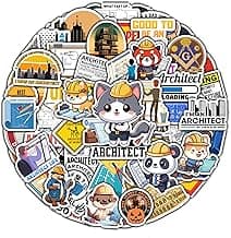 50 PCS Architect Pack Stickers Work Funny Vinyl Decals Waterproof for Adults Men Women Decor Laptop Computer Notebook Phone Cases Map Architecture Graphics Labels Art Jobs