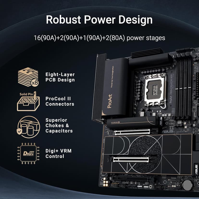 ASUS ProArt Z890-CREATOR WIFI Z890 LGA 1851 ATX Motherboard, Intel® Core™ Ultra Processor Series 2 Ready, 16+2+1+2 stages, PCIe® 5.0, DDR5, Thunderbolt™ 5 Type-C®, 10+2.5 Gb LAN, WiFi 7, 5x M.2, AI OC