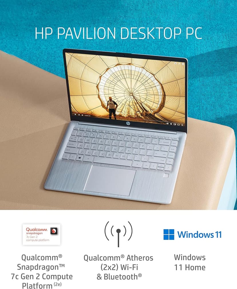 HP 14 Laptop, Qualcomm Snapdragon 7c Processor, 8 GB RAM, 128 GB eMMC, 14-inch Full HD Touchscreen, Windows 11 Home, Thin & Portable, Long Battery Life, Wi-Fi 5 & Bluetooth 5 Combo (14-ed0010nr, 2021)