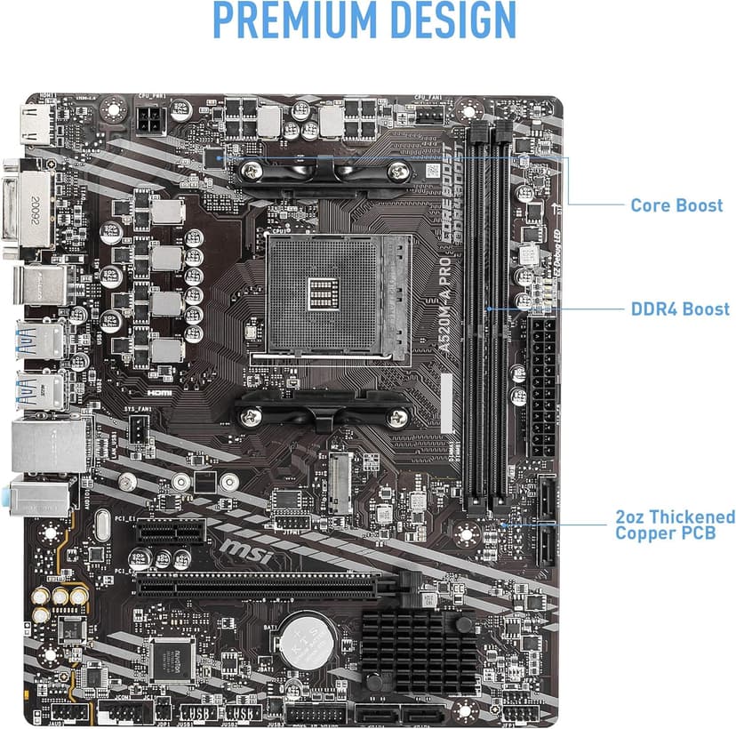 MSI A520M-A PRO Gaming Motherboard (AMD Ryzen 5000, AM4, DDR4, PCIe 3.0, SATA 6Gb/s, M.2, USB 3.2 Gen 1, DVI/HDMI, Micro-ATX)
