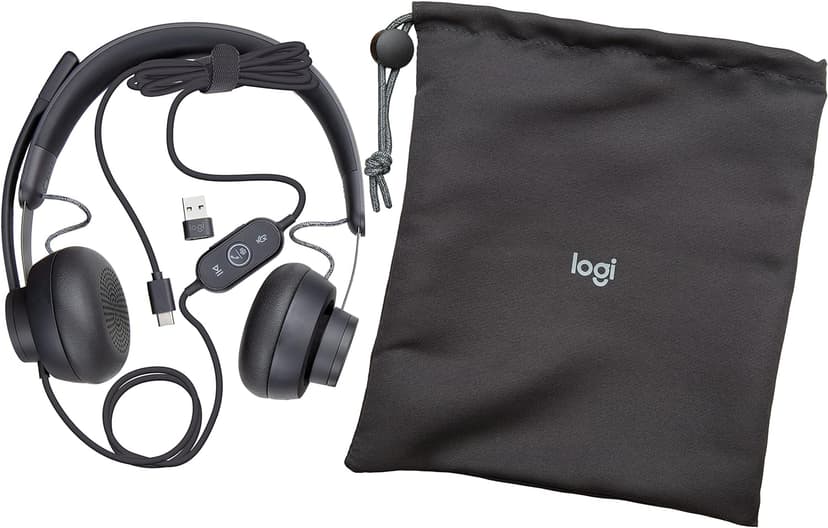 Logitech Zone Wired Headset, Certified for Microsoft Teams with advanced noise-canceling mic technology for open office environments, USB-C with USB-A adapter, Graphite